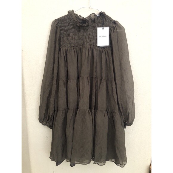 En Saison Smocked Tiered Mini Dress Brown Long Sleeve Sheer Boho Chic Size Small - Picture 2 of 9